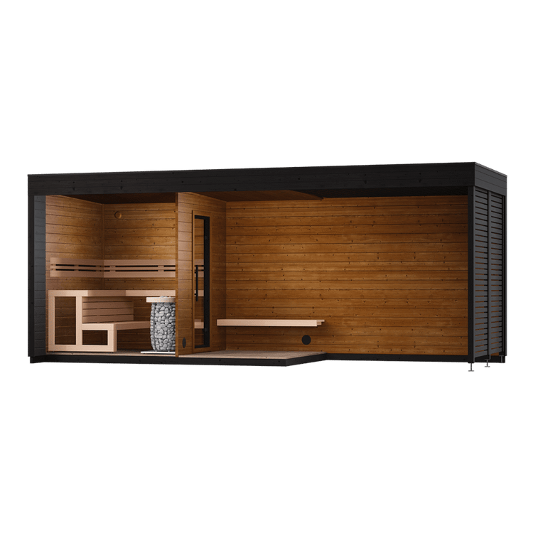 Leil Patio L Plus Sauna - interior layout; optional heater shown