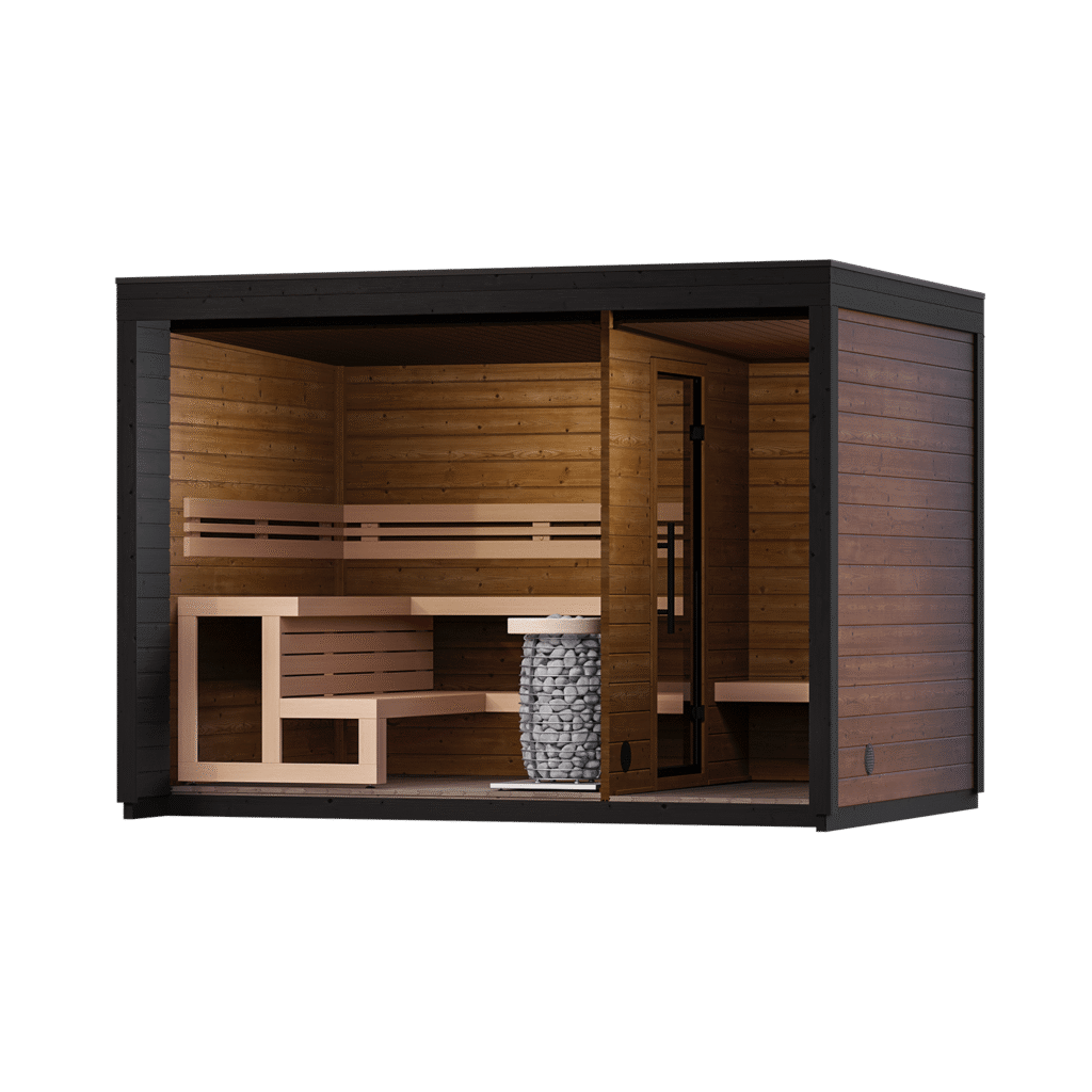 Leil Patio M Sauna - interior layout; optional heater shown