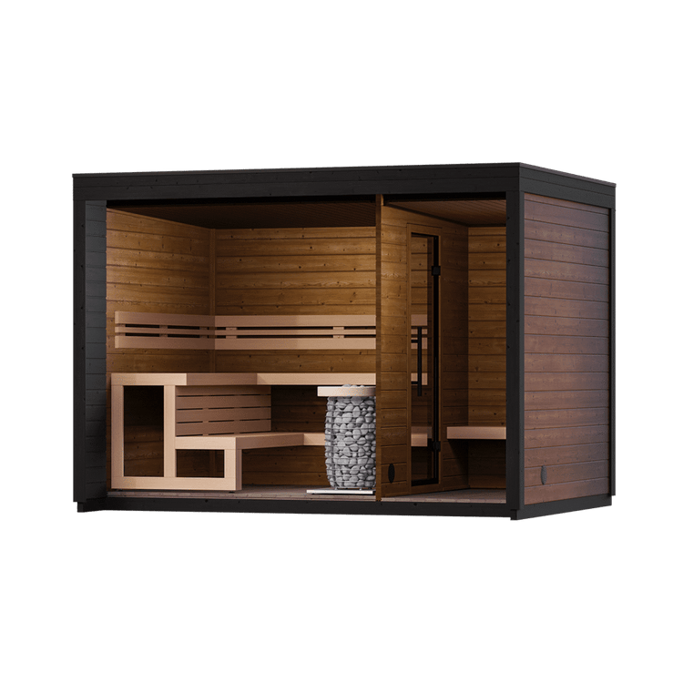Leil Patio M Sauna - interior layout; optional heater shown