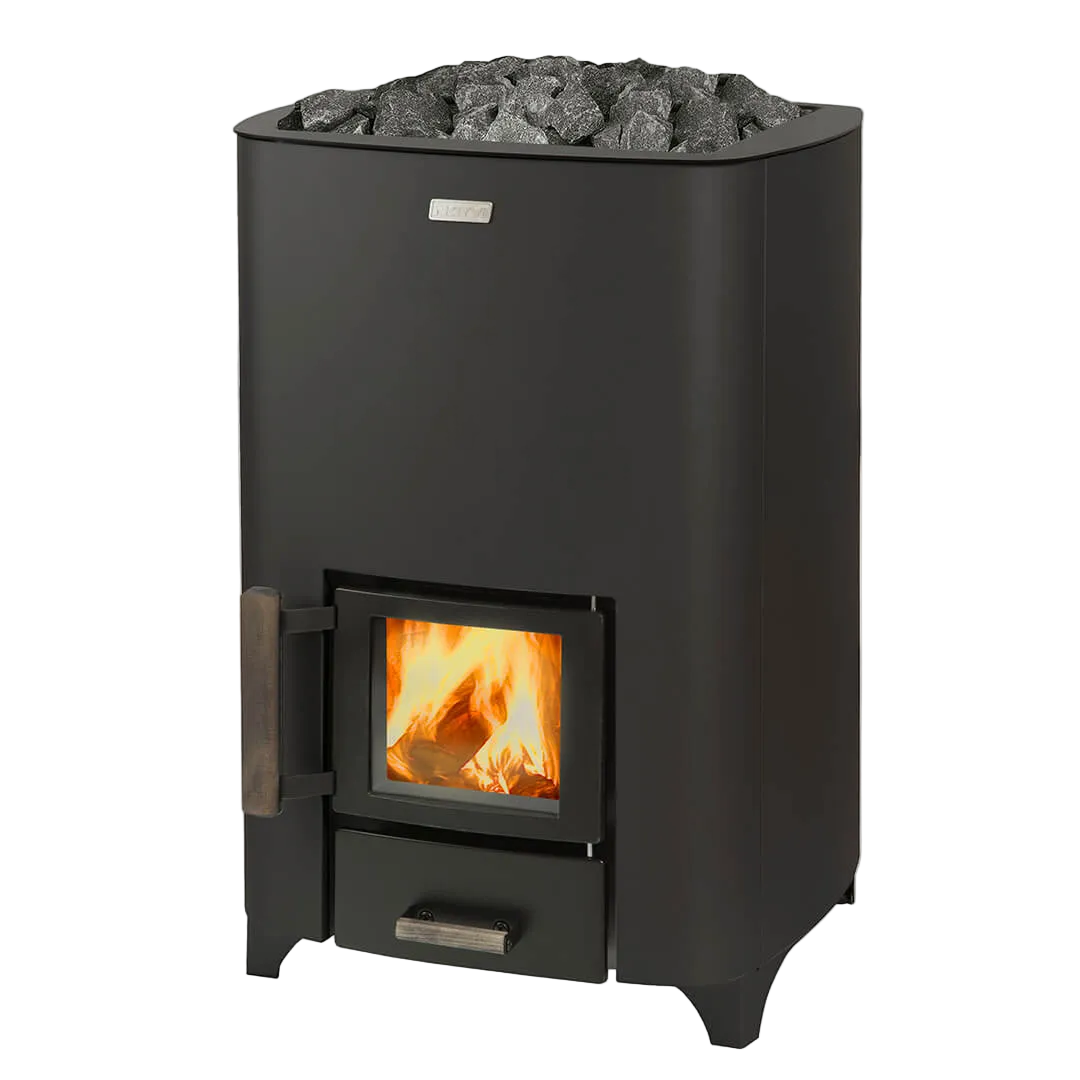 Black wood stove with visible flames and ash on a white background