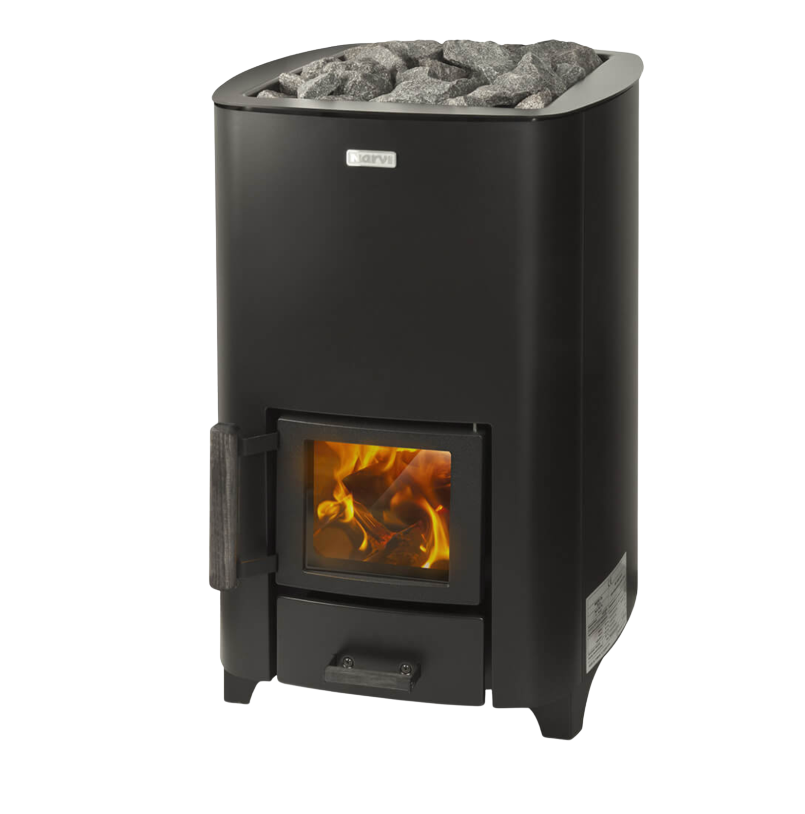 Black wood stove with visible flames and rocks on a white background
