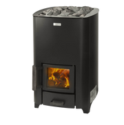 Black wood stove with visible flames and rocks on a white background