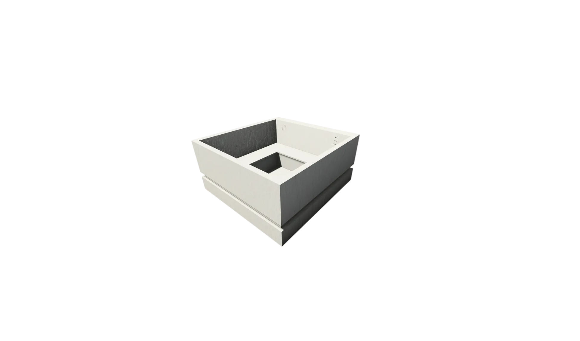 A square planter box with a white marble-look exterior and dark gray interior, shown on a plain white background.