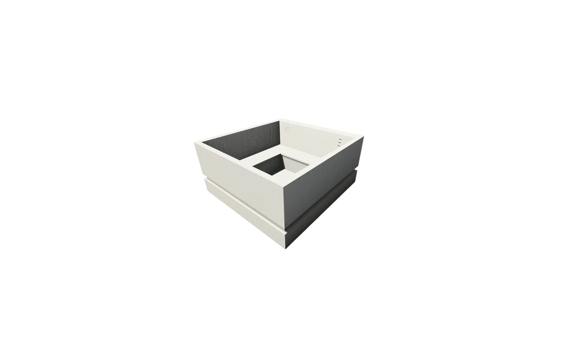 A square planter box with a white marble-look exterior and dark gray interior, shown on a plain white background.