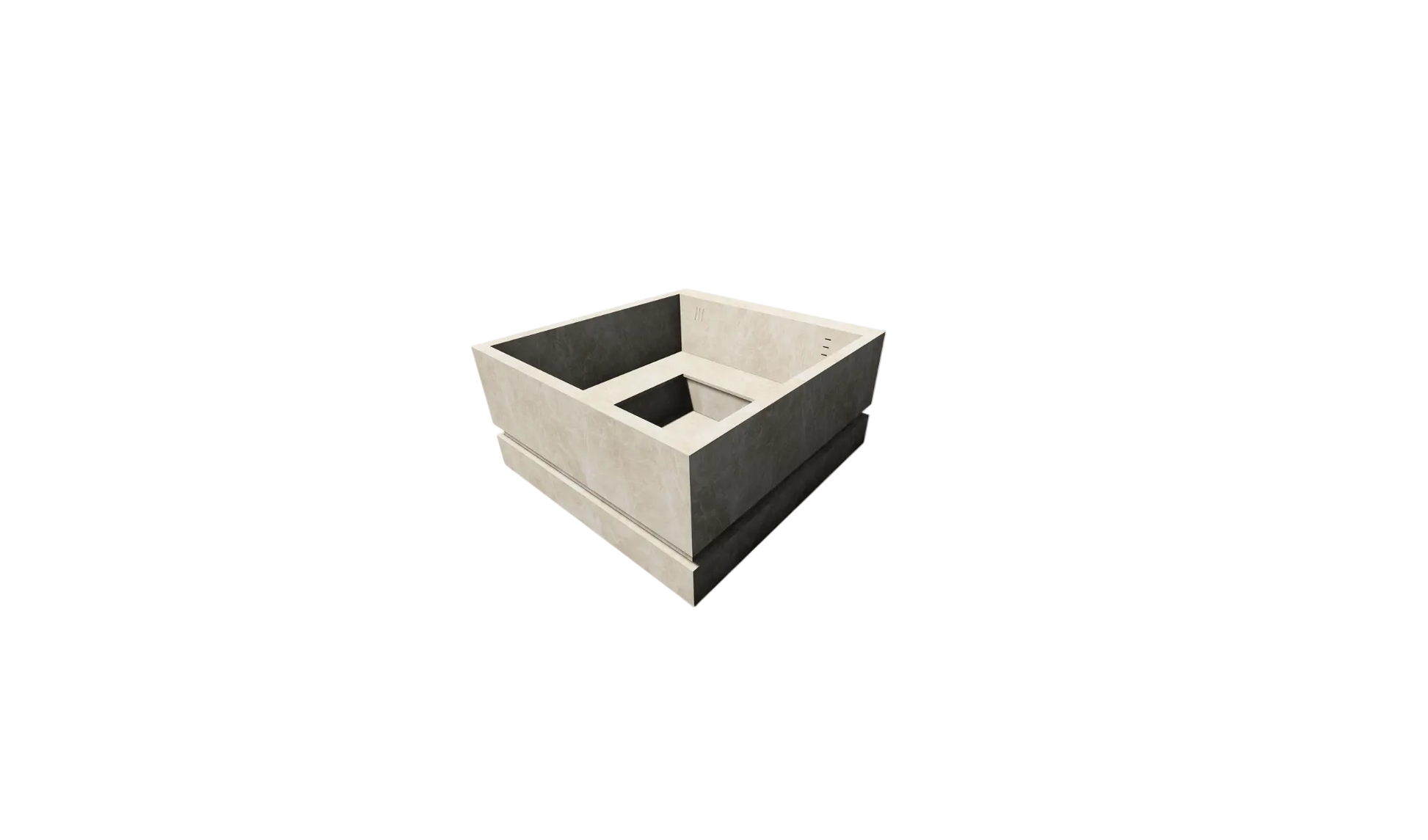 A square concrete planter box with a tiered design, featuring a light beige textured exterior and a dark charcoal gray interior, shown on a plain white background.