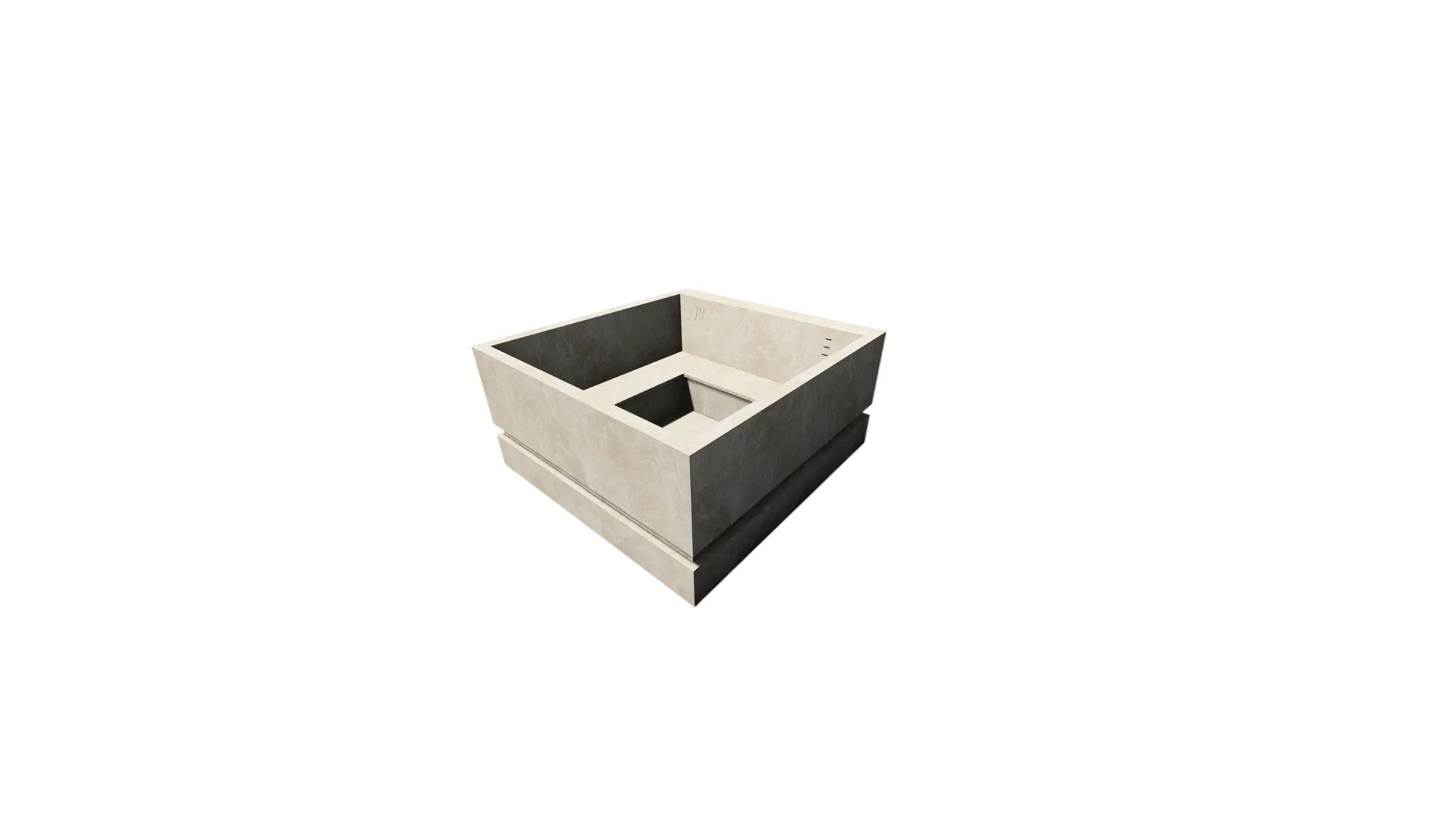 A square concrete planter box with a tiered design, featuring a light beige textured exterior and a dark charcoal gray interior, shown on a plain white background.