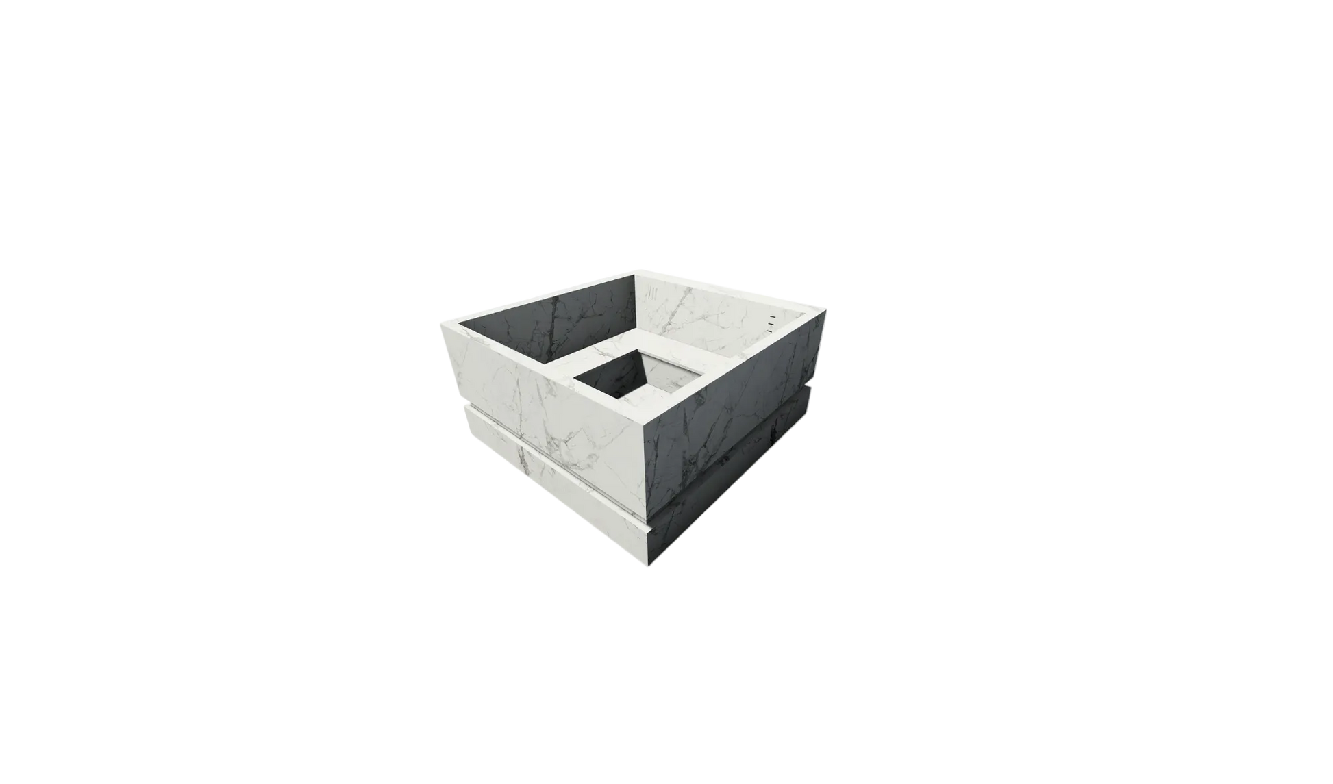 A square planter box with a white marble-look exterior and dark gray interior, shown on a plain white background.