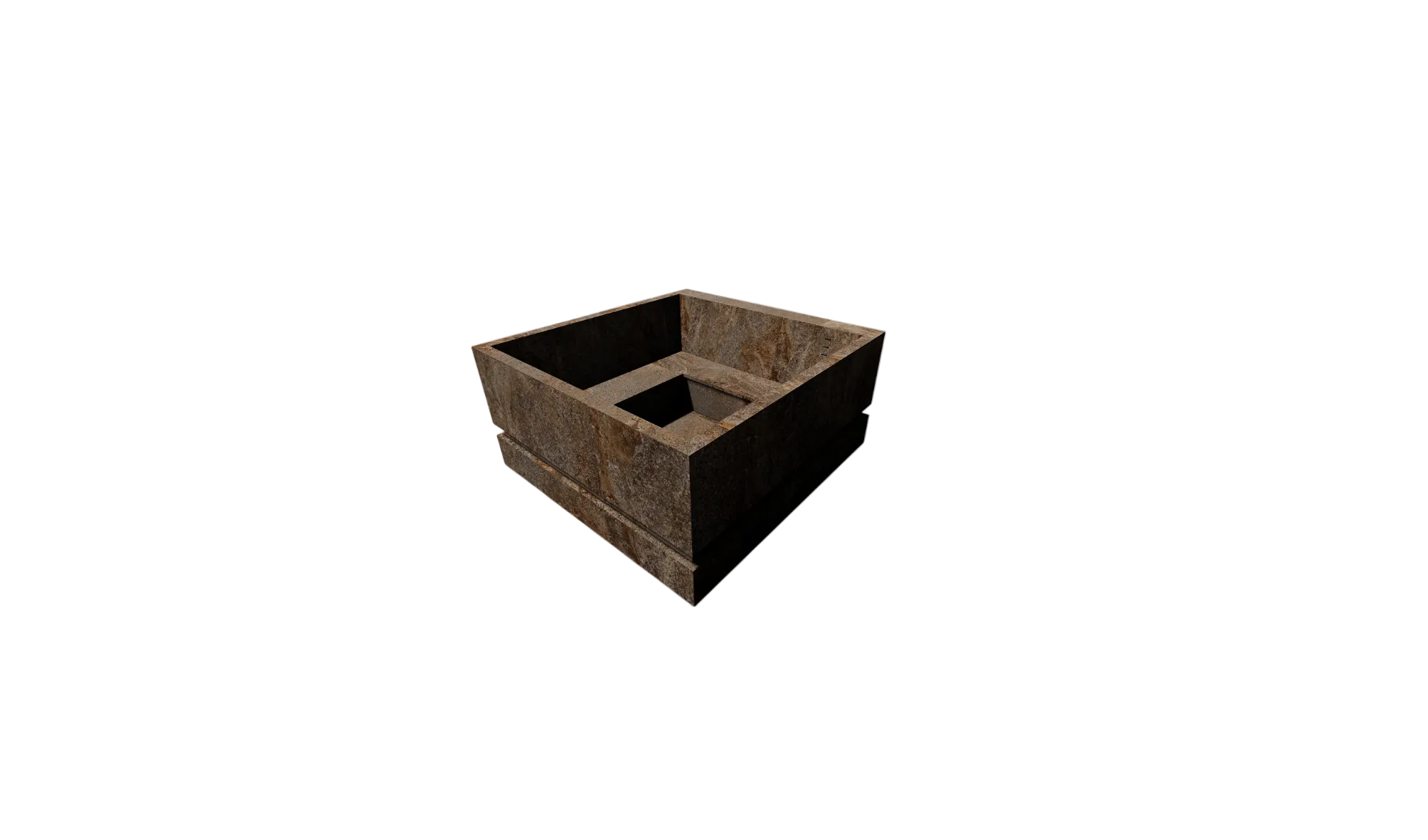 A square, open-top planter or box with a rustic, weathered brown and black textured finish, shown on a plain white background.