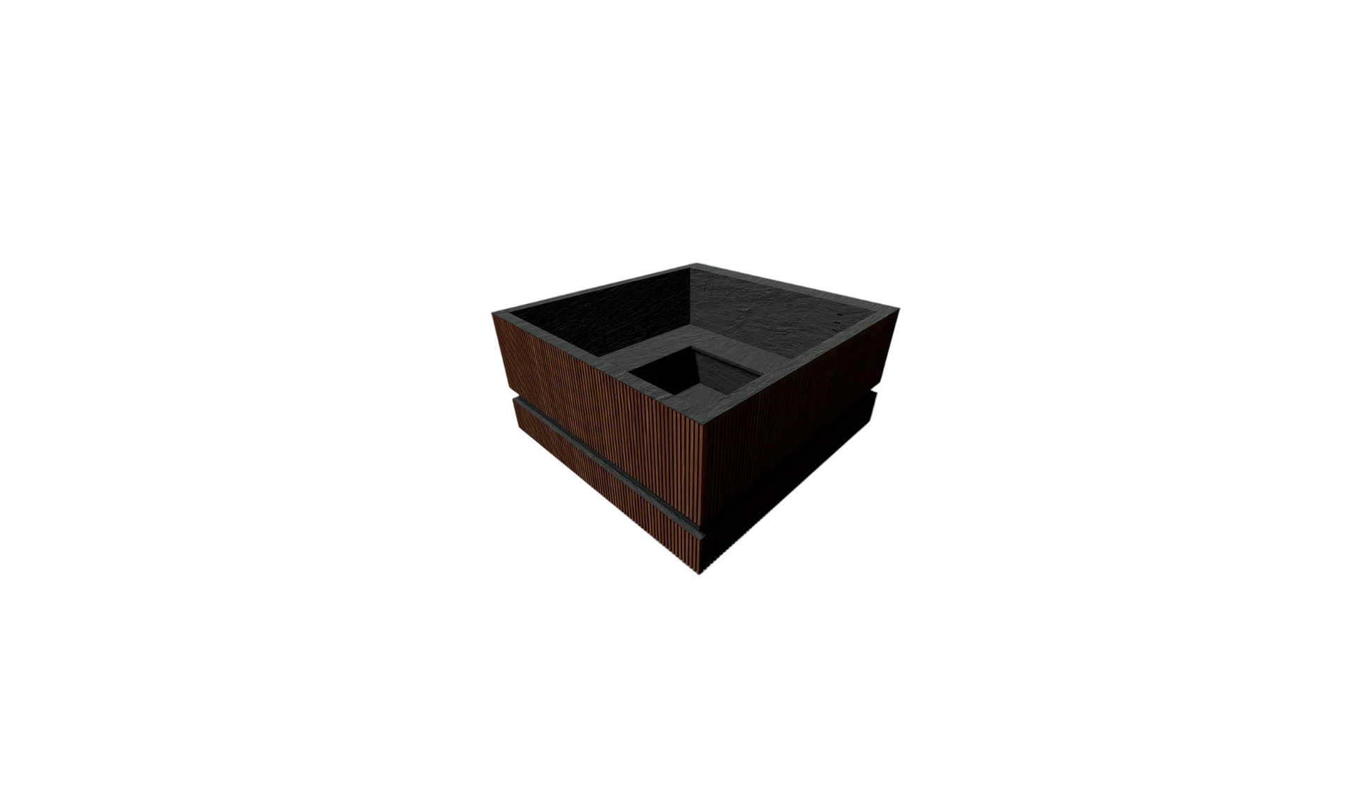 A square outdoor planter box with a dark brown wood-grain exterior and a black interior, shown on a plain white background.
