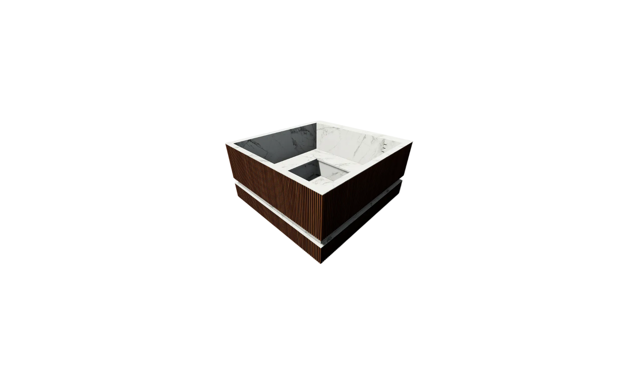 A modern square hot tub or spa with a dark brown wood-look exterior, a white marble-patterned interior, and a black water tray, shown on a plain white background.