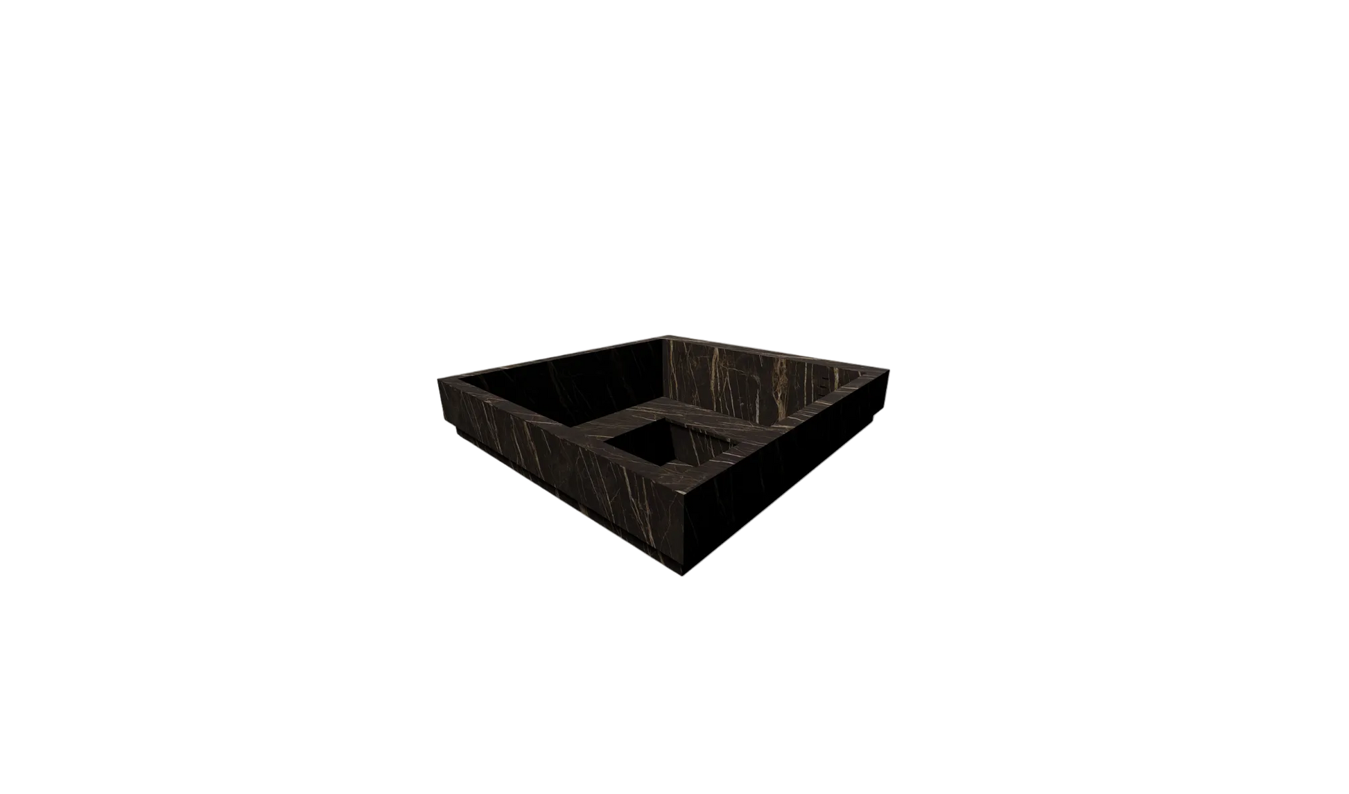 A square black marble tray with a dark brown and black veined pattern, shown from an elevated perspective on a solid white background.