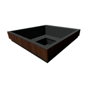 A modern square outdoor fire pit or planter with a black interior and a textured dark brown exterior, shown on a plain white background.