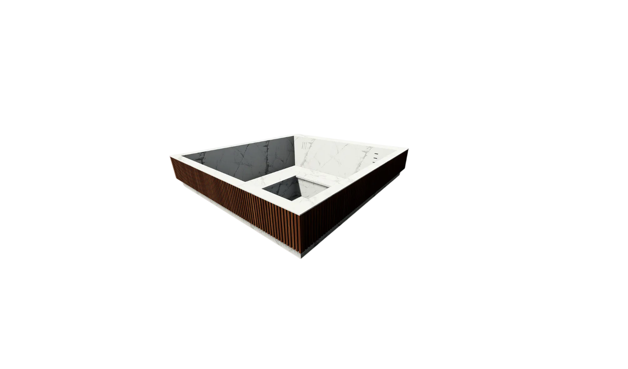 A modern square hot tub or plunge pool with a white marble-look interior, dark gray water, and a brown ribbed exterior, shown on a plain white background.