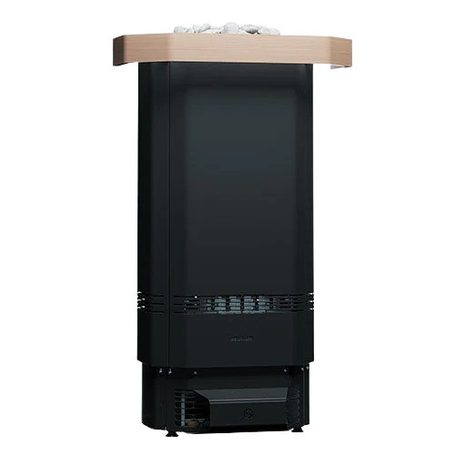 Black freestanding ice maker with wooden top on a white background