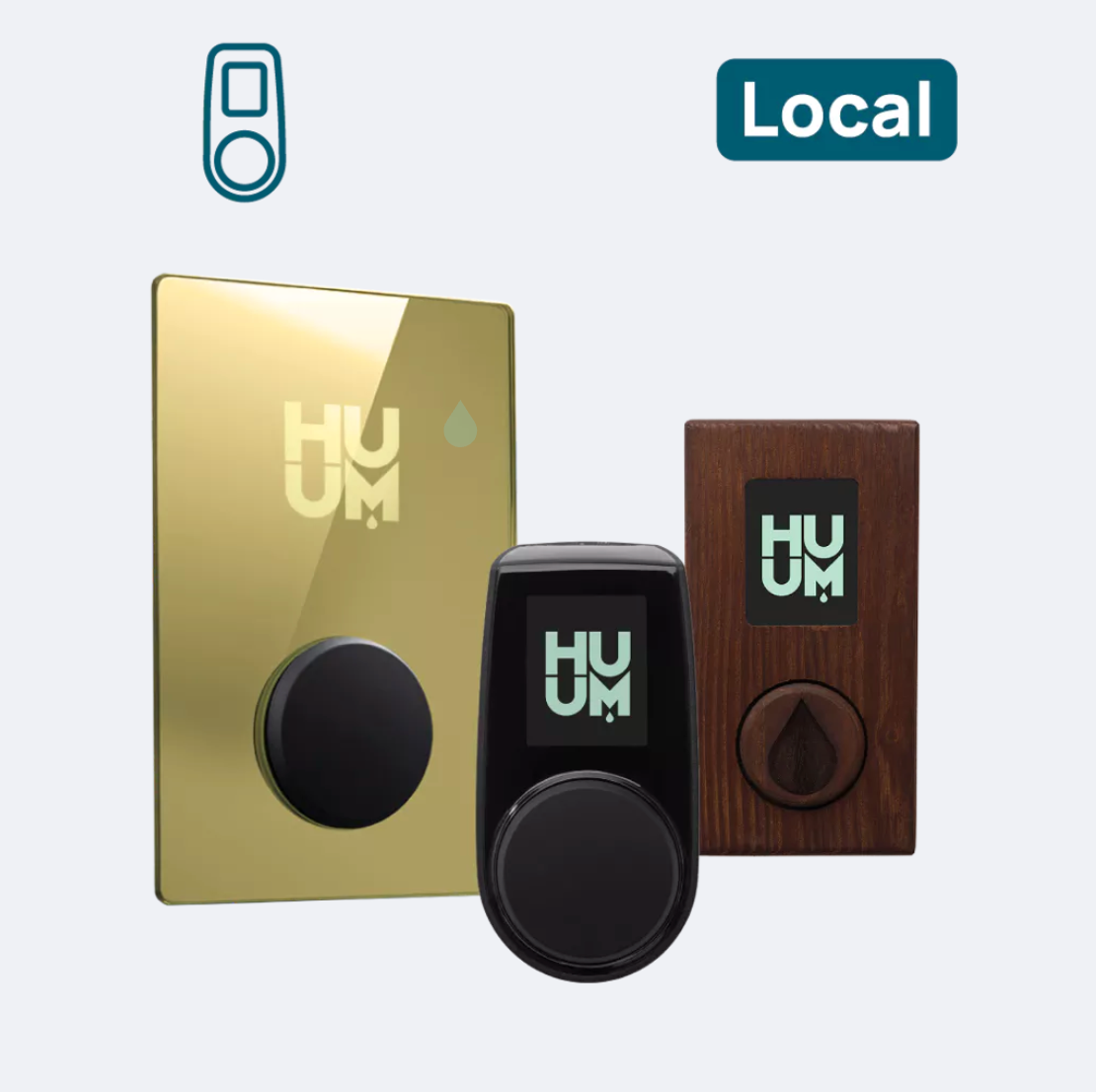HUUM doorbell components including a gold plate, black button, and wooden panel on a white background.