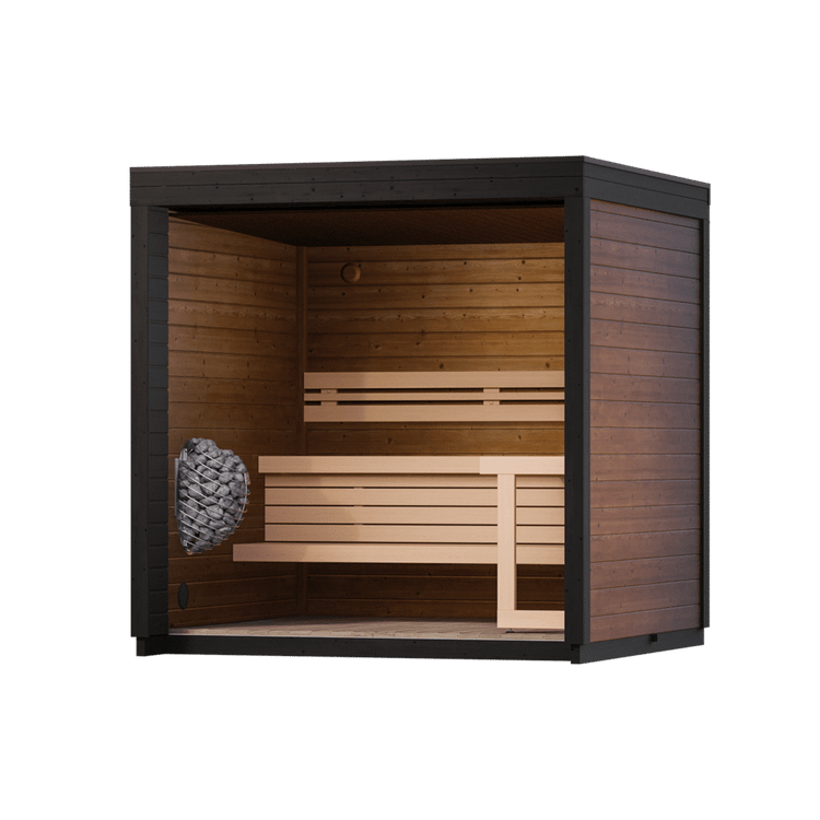 Leil Patio XS Sauna - interior layout; optional heater shown