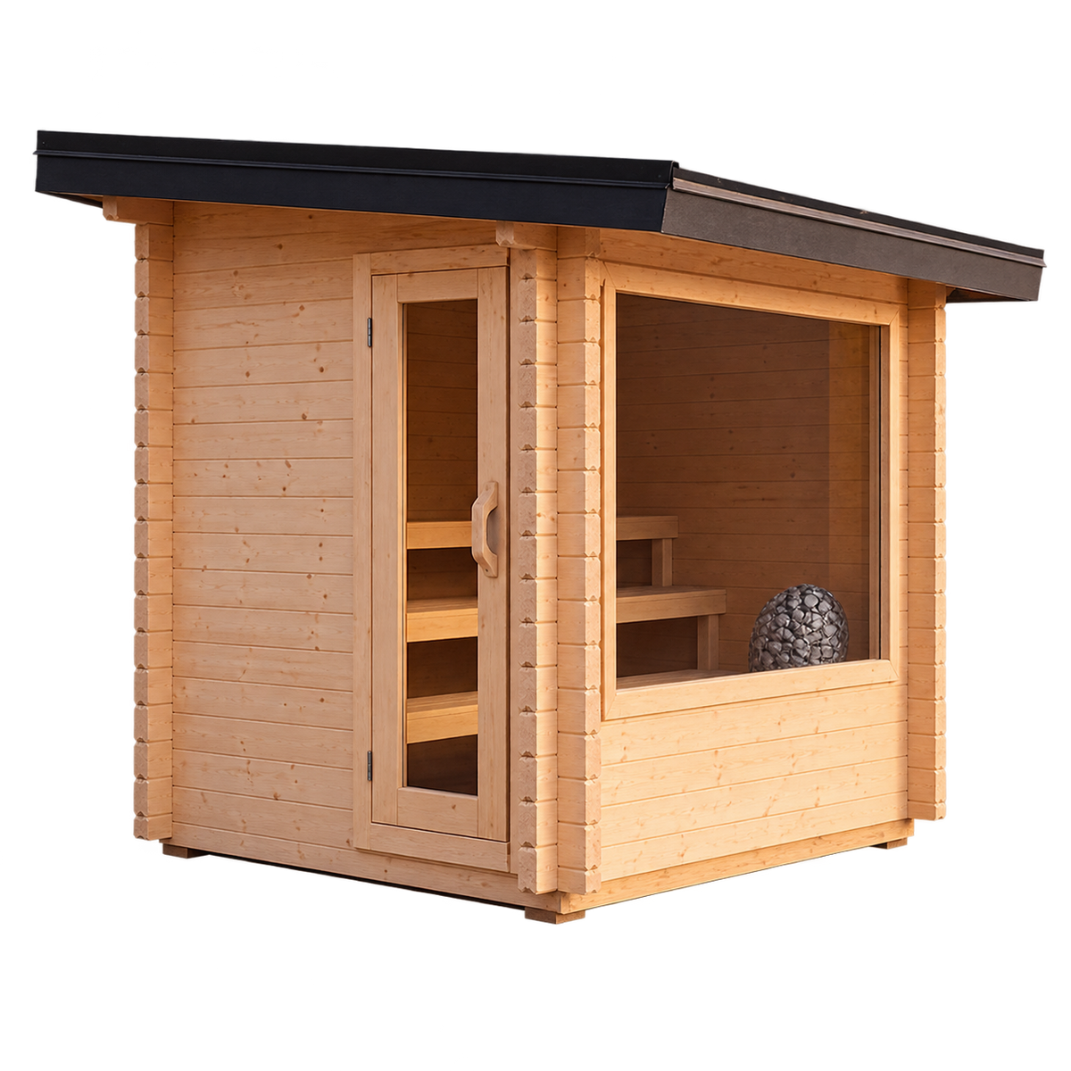 Avalon outdoor cedar sauna with glass door, large front window and black metal roof.