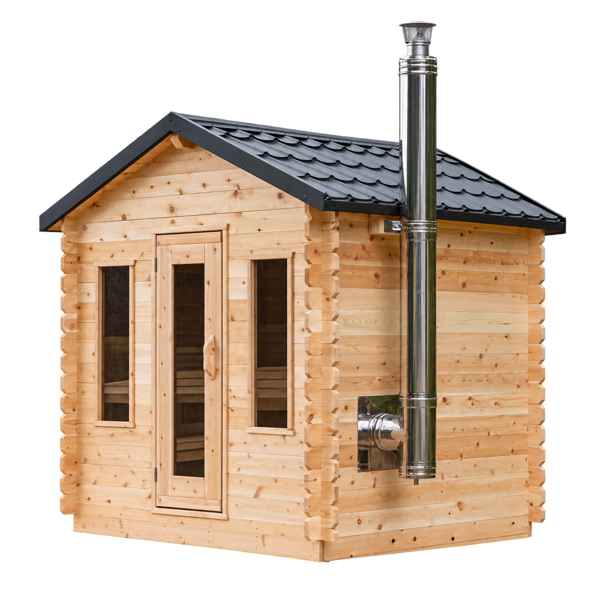 Georgian outdoor cedar cabin sauna with glass door, two front windows, black metal roof and exterior chimney.
