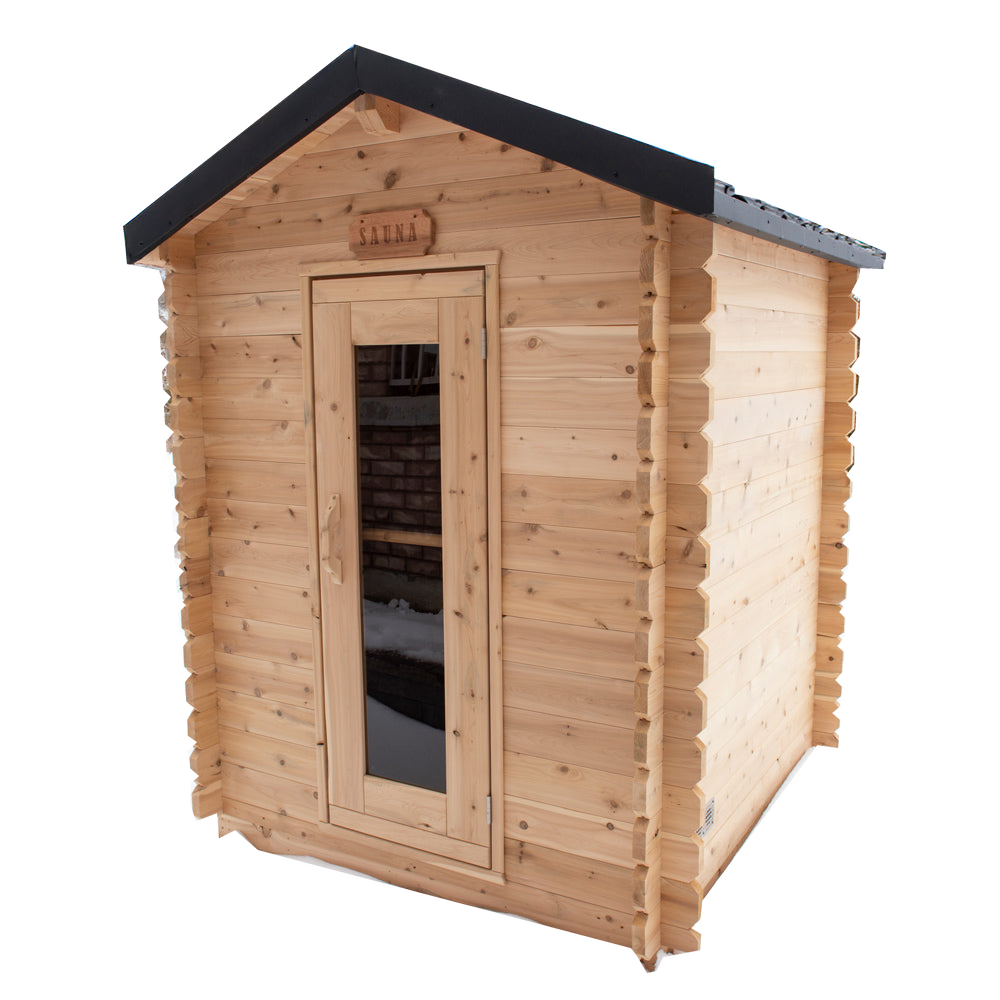 Granby cedar cabin sauna with a glass door and black roof.