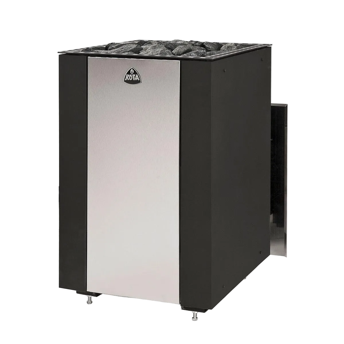 Black and silver sauna heater with visible brand logo on a white background