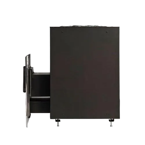 Black entertainment console with open drawer on a white background