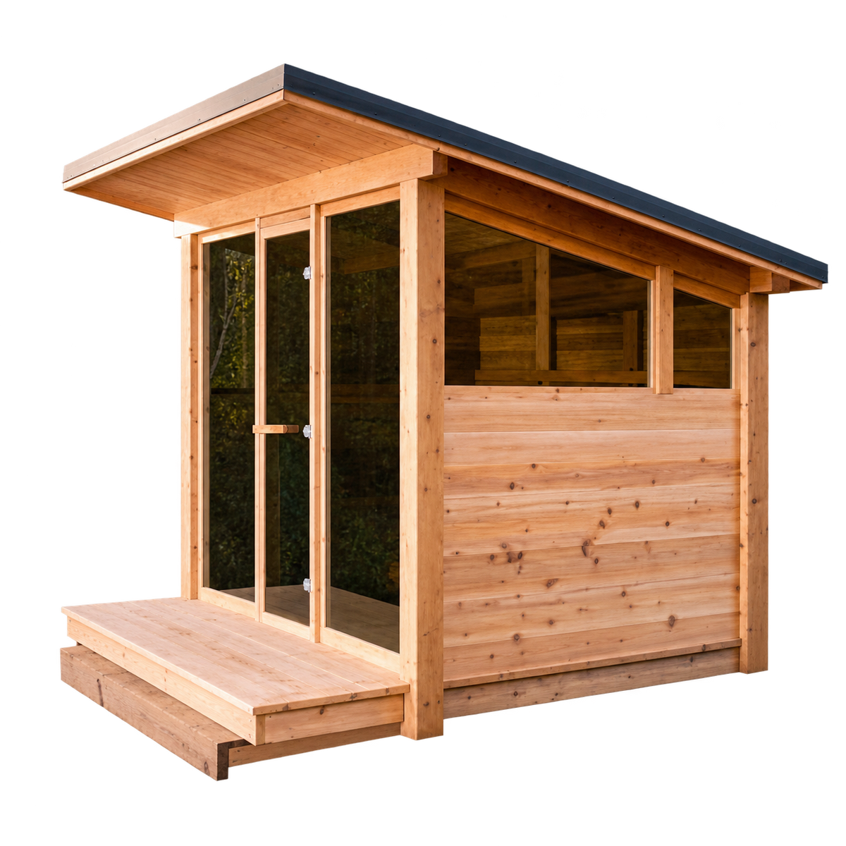 Mountain View outdoor cedar sauna with glass front, panoramic side windows and covered entrance step.
