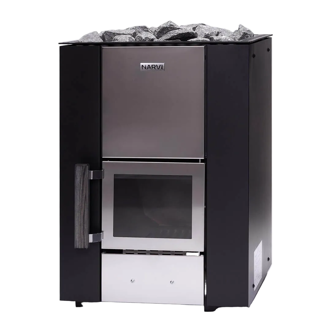 Black and silver Narvi sauna stove with glass door on a white background