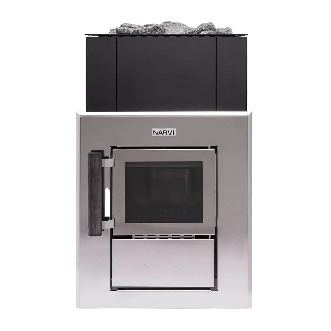 Stainless steel refrigerator with ice maker on a white background, featuring the brand 'Narvi'.