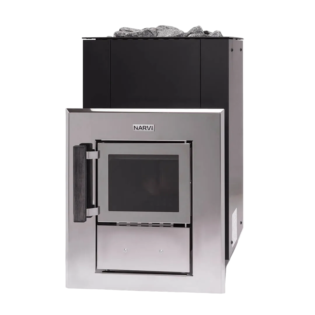 Stainless steel wood stove with glass door and visible brand name on a white background