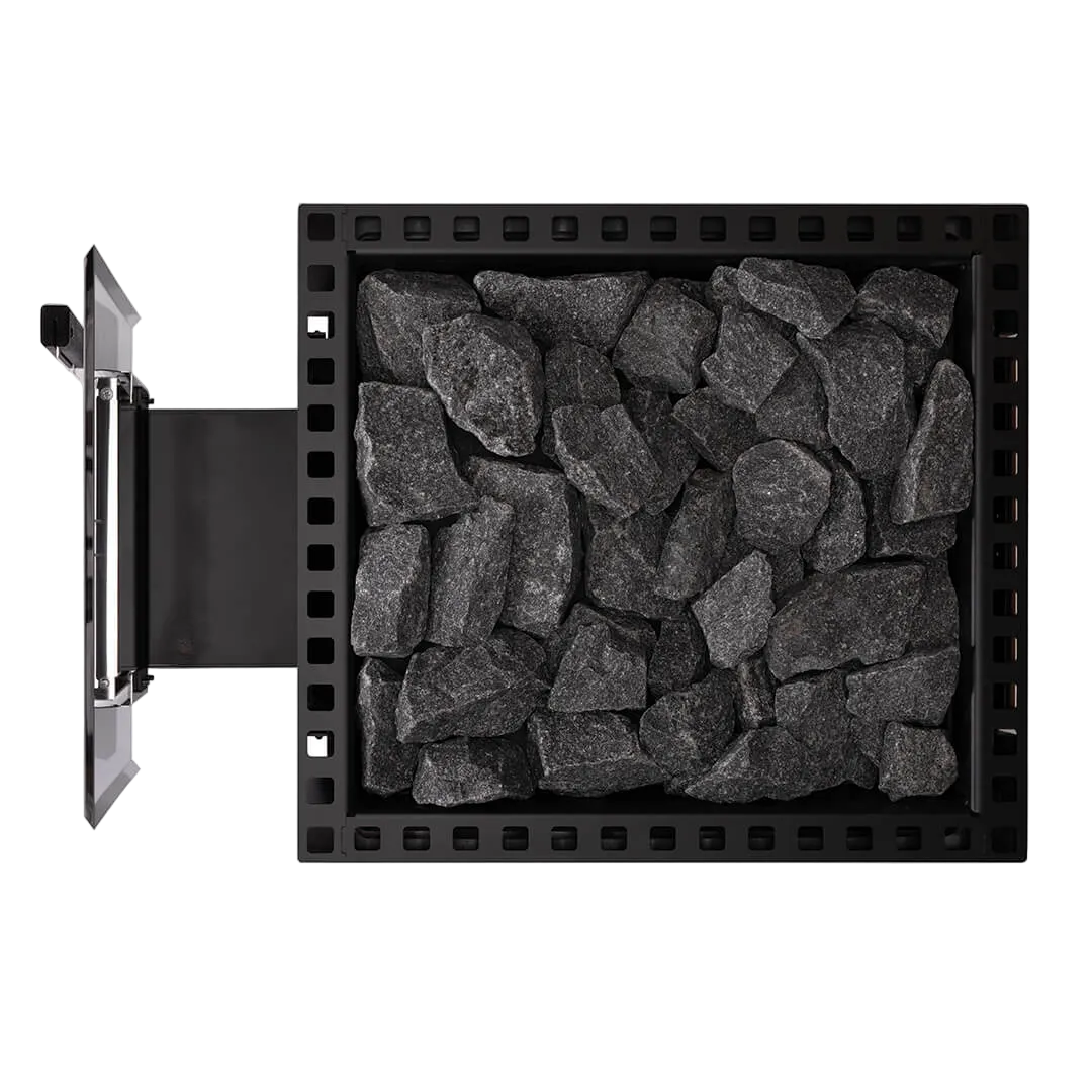 Square metal grate with stones inside on a white background