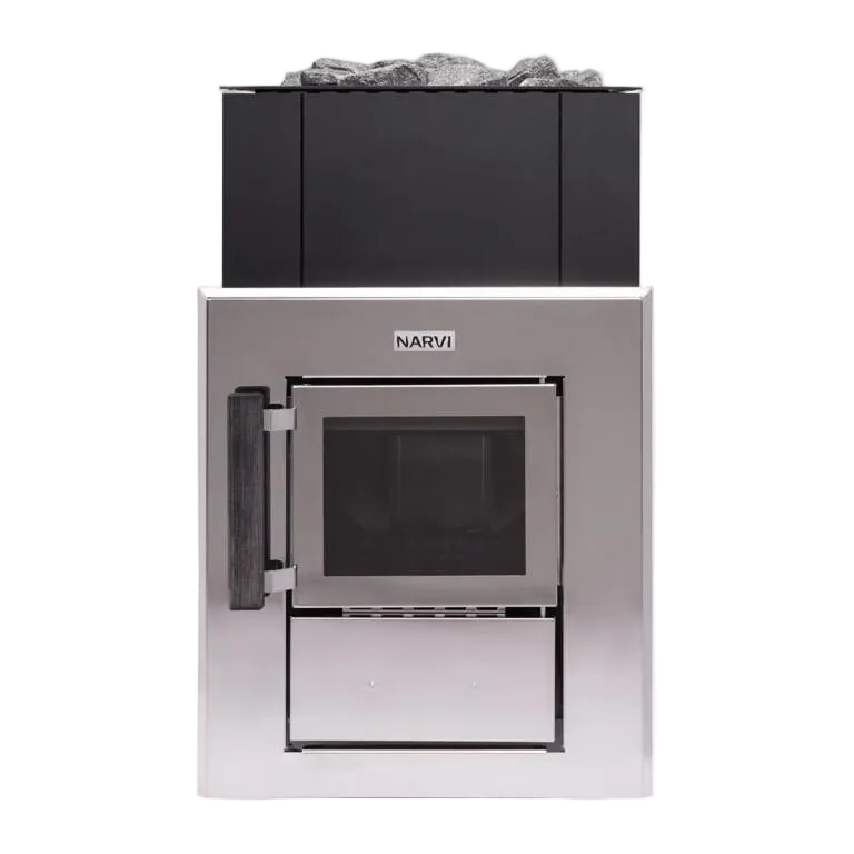 Stainless steel oven with glass door and 'Narvi' branding on a white background