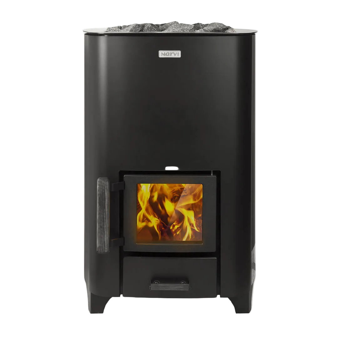 Black wood stove with visible flames on a white background