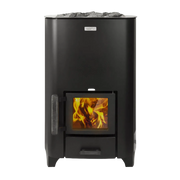 Black wood stove with visible flames on a white background