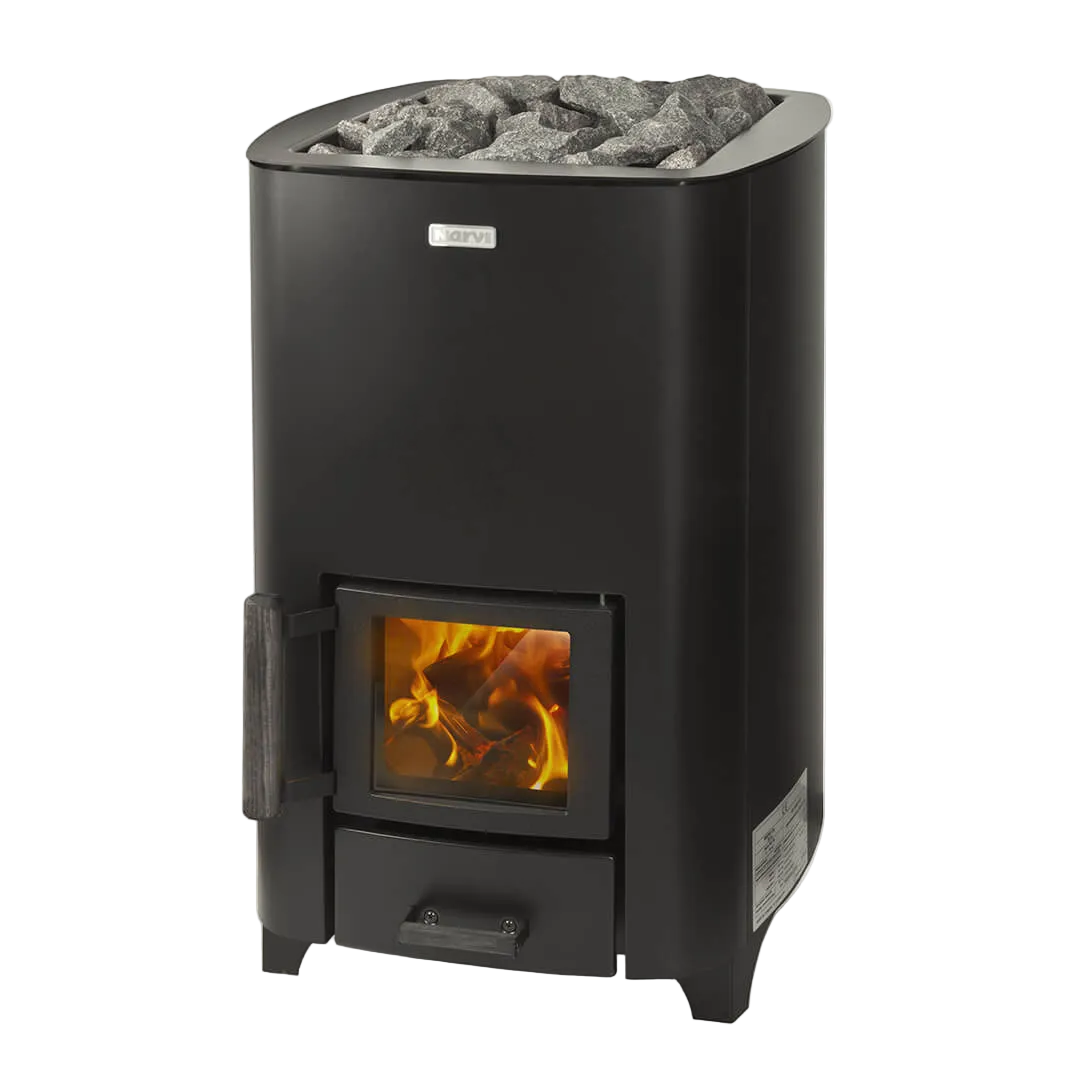 Black wood stove with visible flames and rocks on a white background