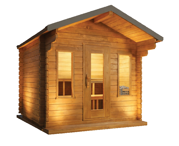 Palmer cedar cabin sauna with a glazed door, two front windows and a roof overhang.