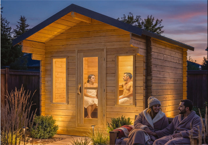 Palmer sauna illuminated at dusk in an outdoor setting.
