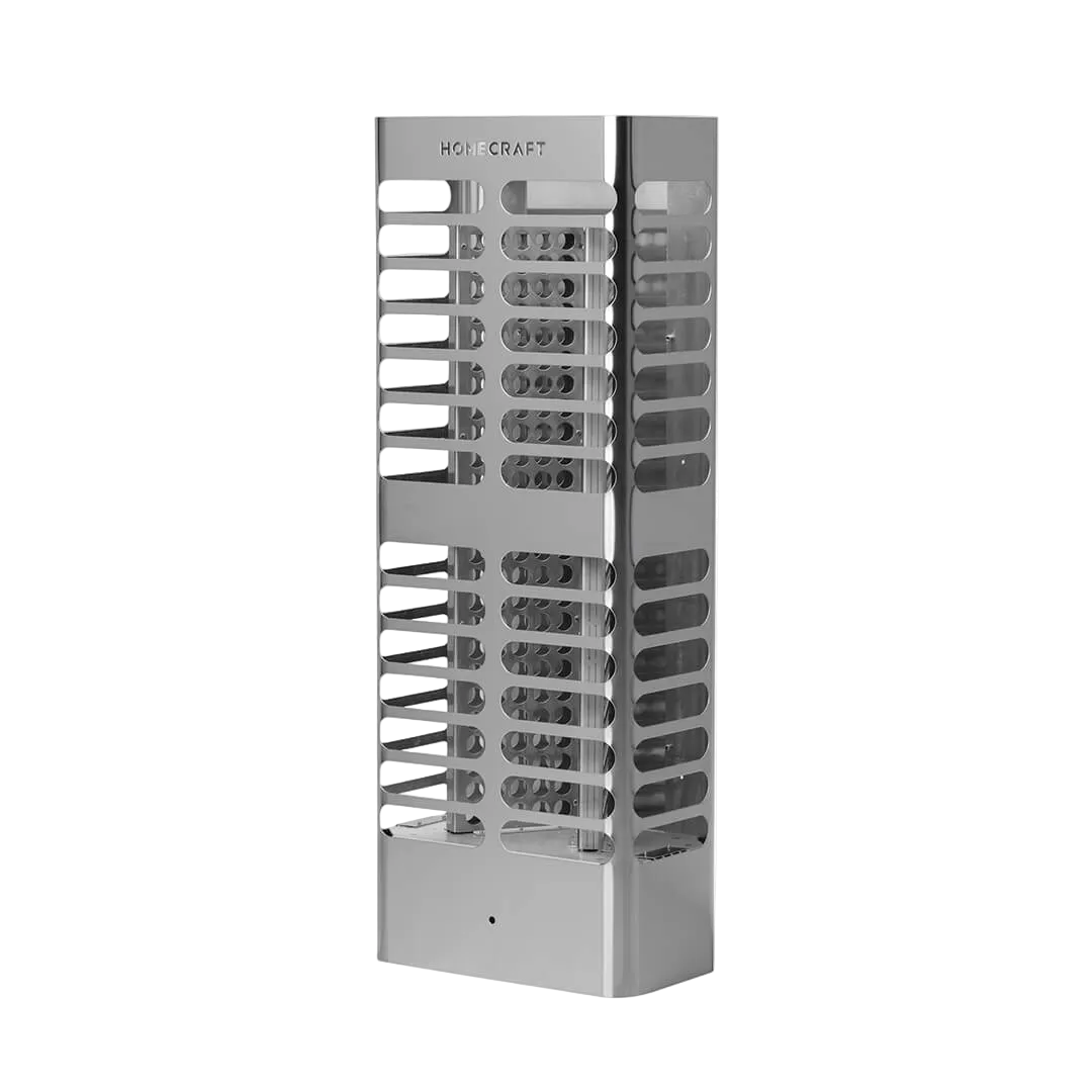 Metal wine rack with multiple slots on a white background