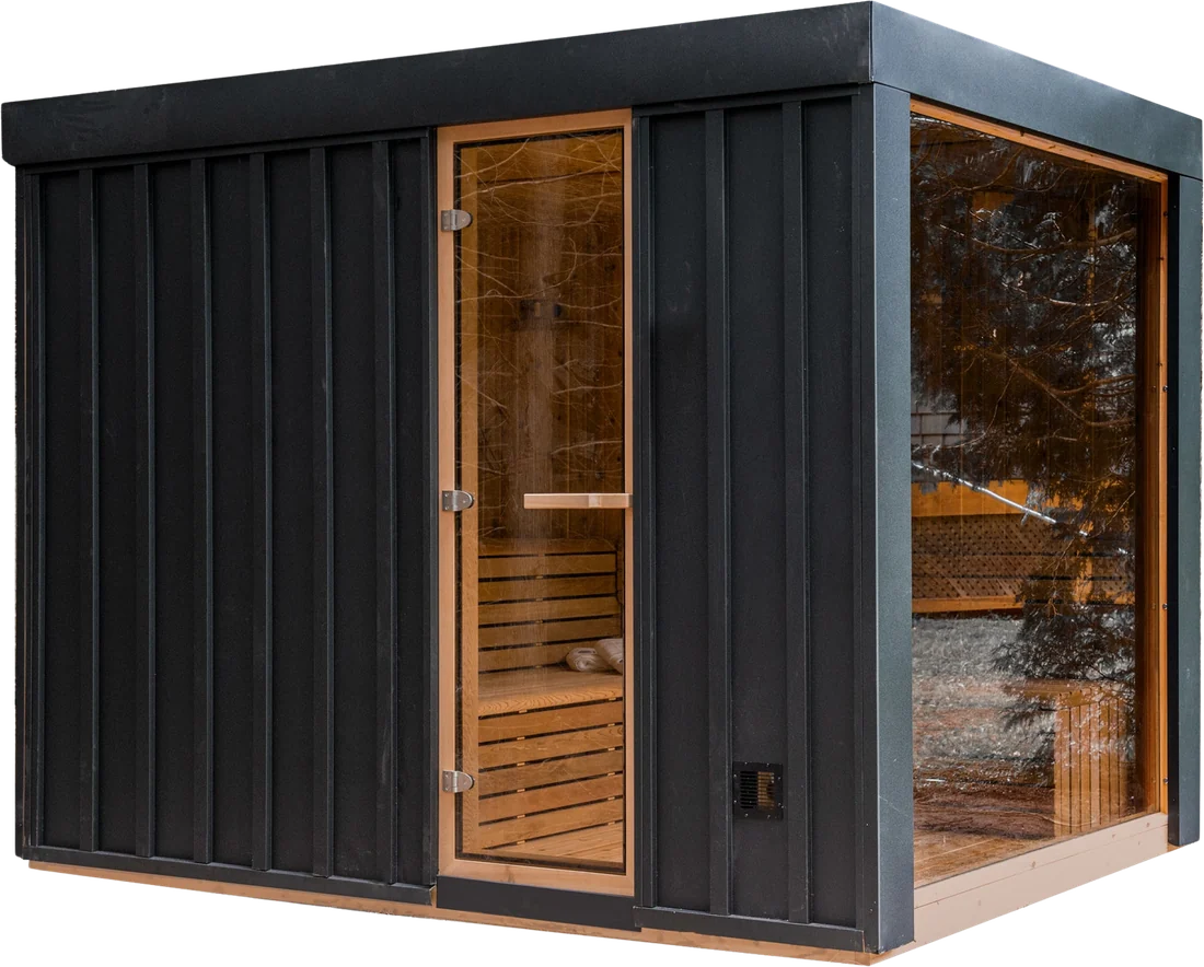 The Neptune sauna — glass front wall, black metal siding, Western cedar interior